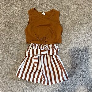Brown Sleeveless Top with Striped Shorts